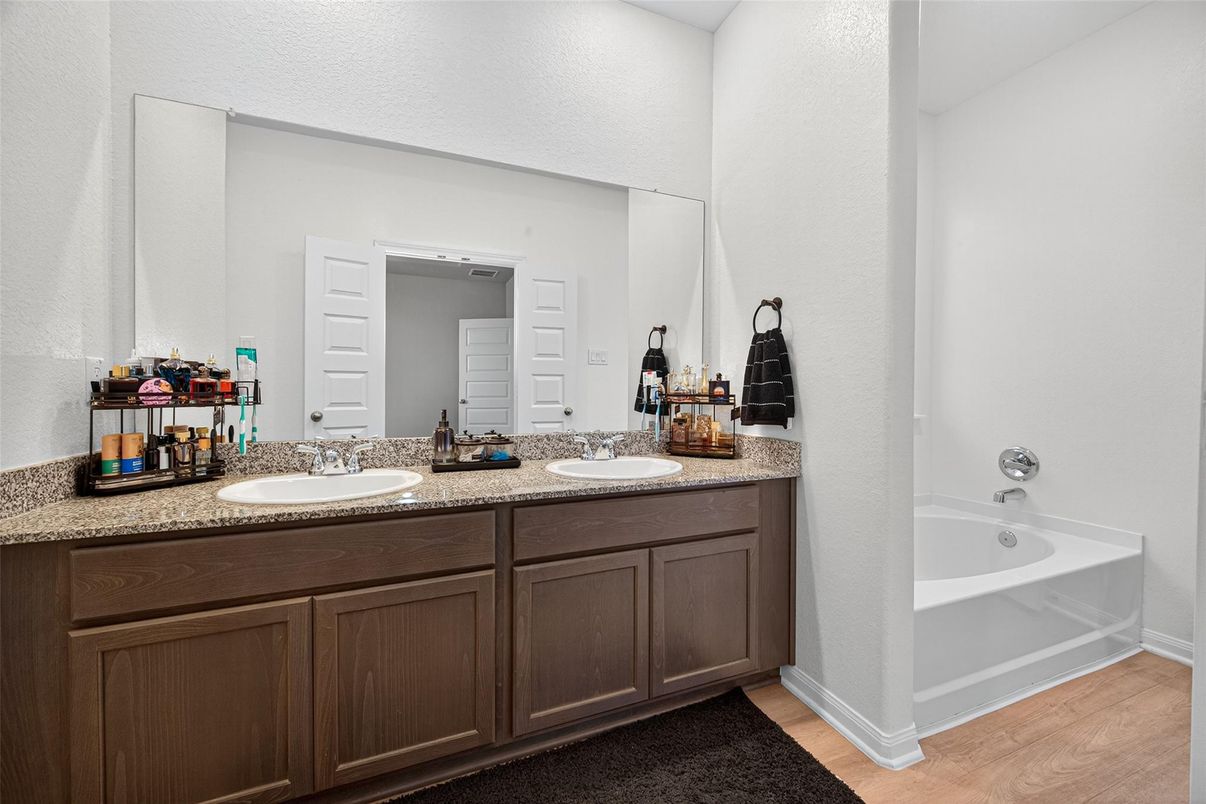 Bathroom, Dual Sink Vanities, Interior, Wood Texture Flooring
