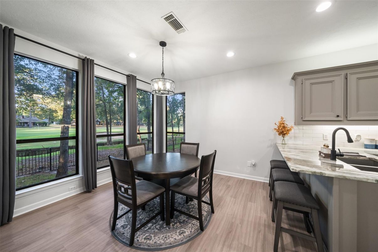 Dining room, Interior, Pendant Lights, Recessed Lighting, Wood Texture Flooring