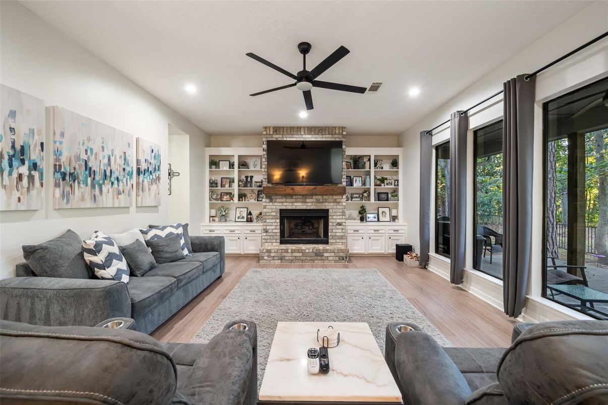 Fireplace, Interior, Living room, Recessed Lighting, Wood Texture Flooring