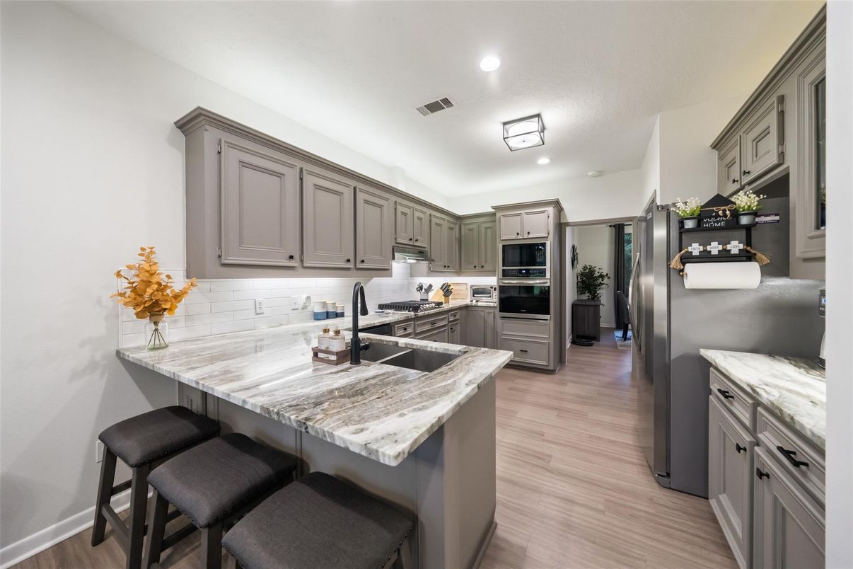 Interior, Kitchen, Recessed Lighting, Stainless Steel Appliances, Wood Texture Flooring
