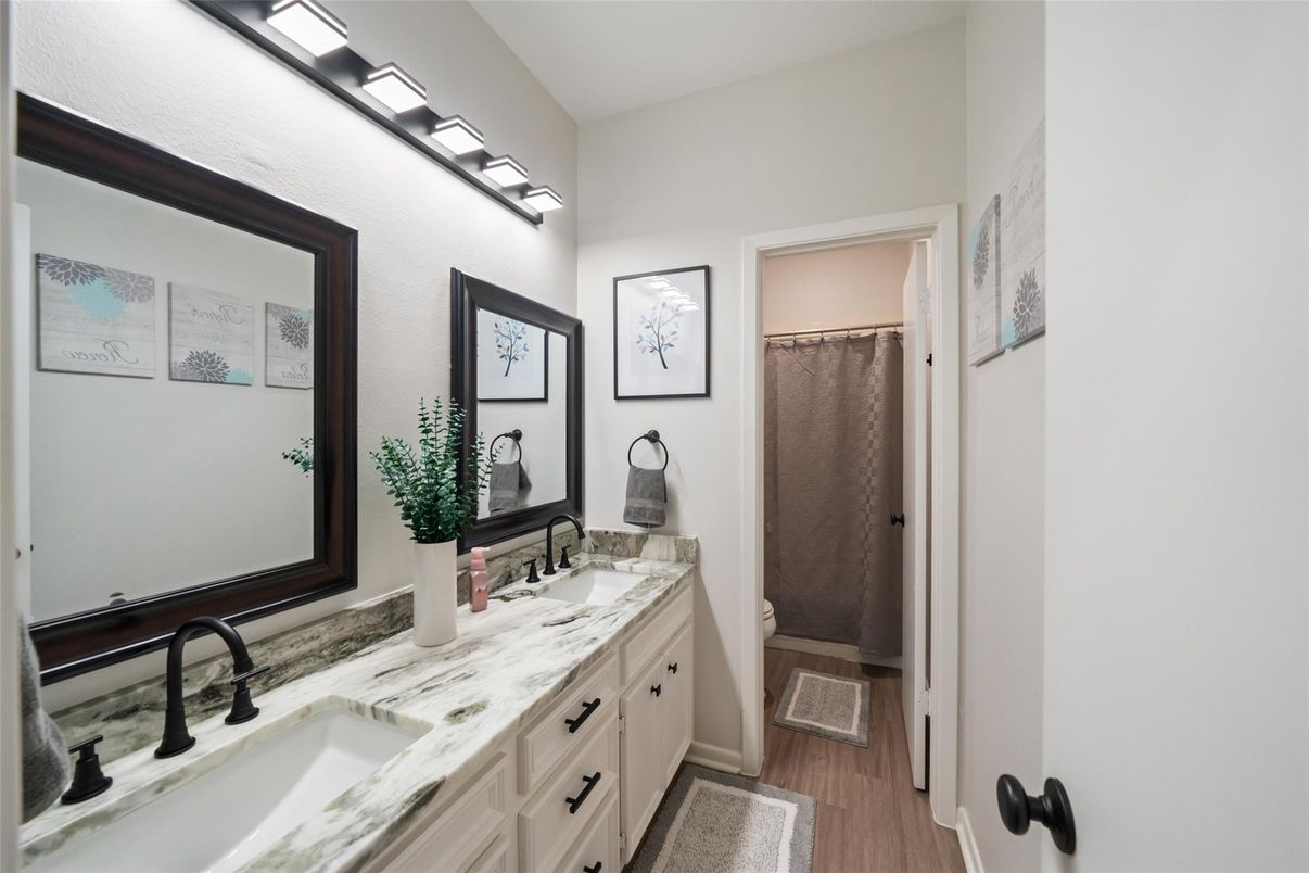 Bathroom, Dual Sink Vanities, Interior, Wood Texture Flooring
