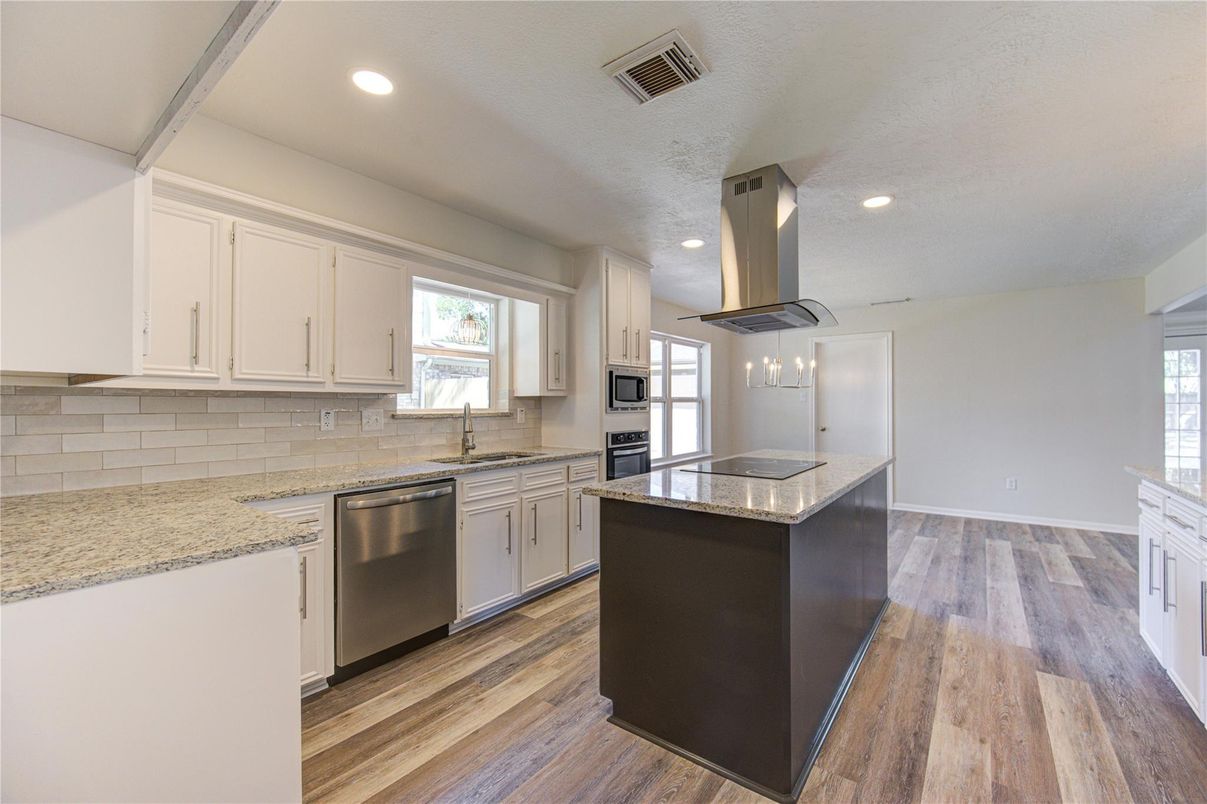 Interior, Kitchen, Pendant Lights, Recessed Lighting, Stainless Steel Appliances, Wood Texture Flooring