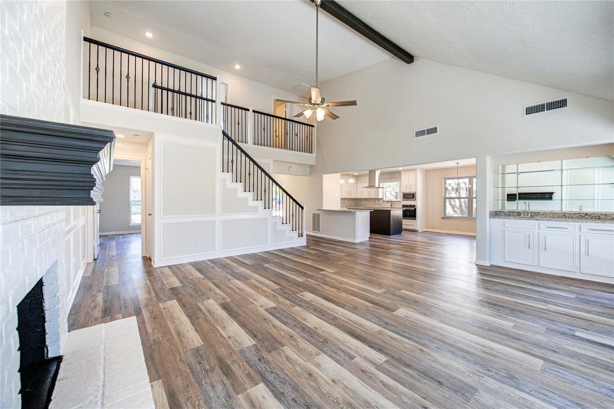 Fireplace, Interior, Kitchen, Pendant Lights, Recessed Lighting, Wooden Beams, Wood Texture Flooring