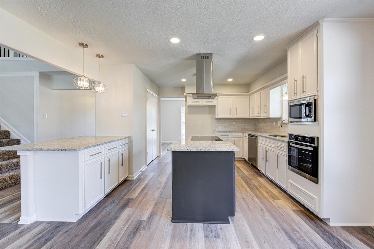 Interior, Kitchen, Pendant Lights, Recessed Lighting, Stainless Steel Appliances, Wood Texture Flooring