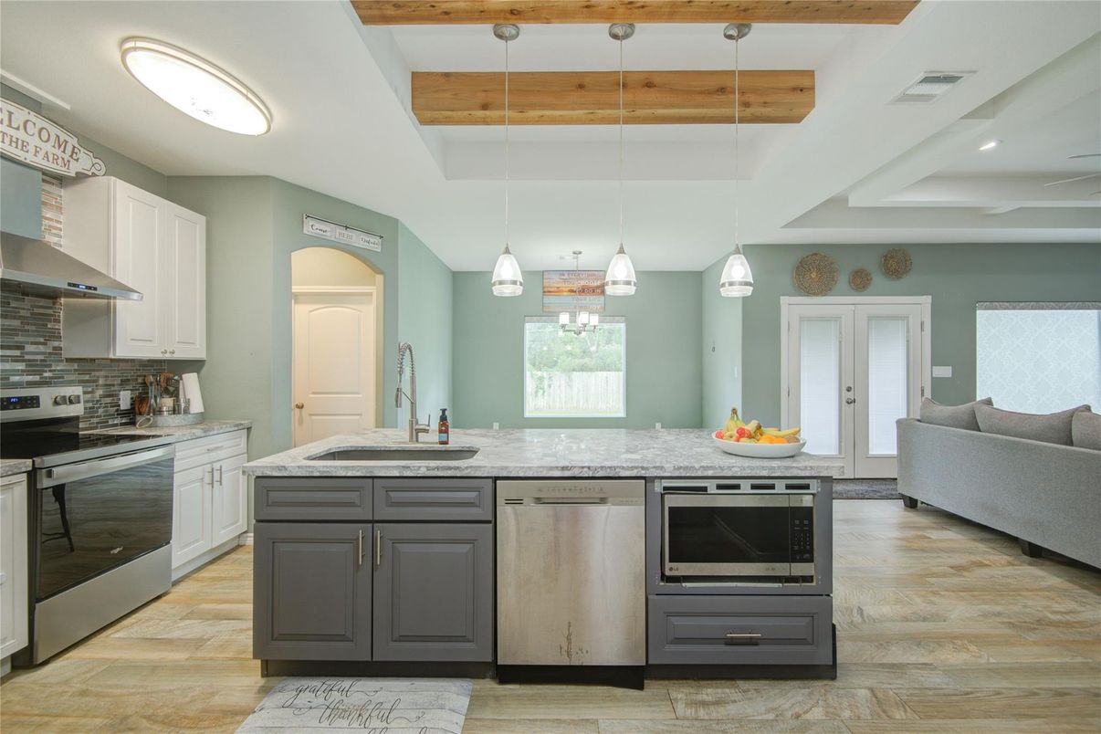 Interior, Kitchen, Pendant Lights, Recessed Lighting, Stainless Steel Appliances, Wooden Beams, Wood Texture Flooring