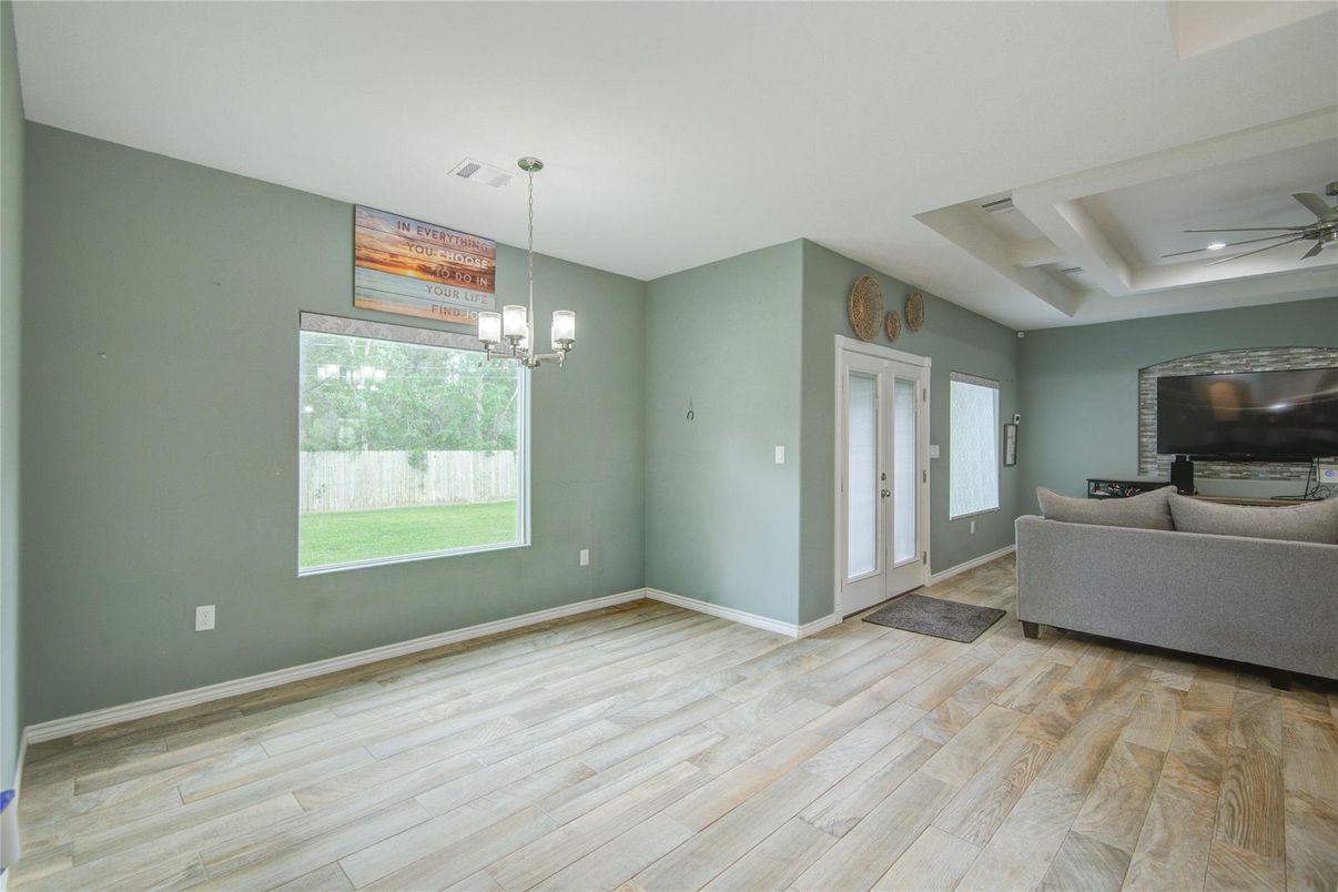 Chandelier, Empty room, Interior, Pendant Lights, Recessed Lighting, Wood Texture Flooring