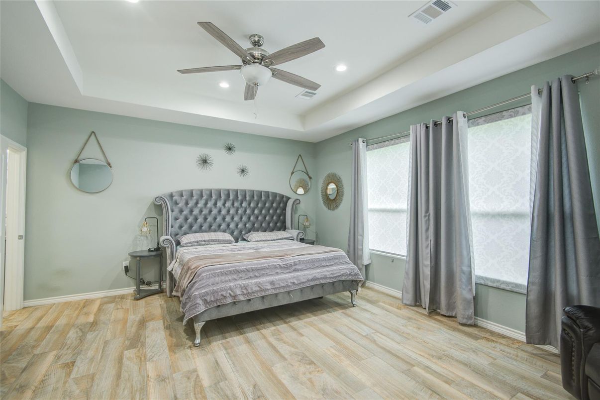 Bedroom, Interior, Recessed Lighting, Wood Texture Flooring