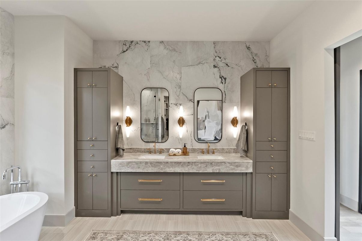 Bathroom, Dual Sink Vanities, Free Standing Baths, Interior, Marble Walls, Wood Texture Flooring