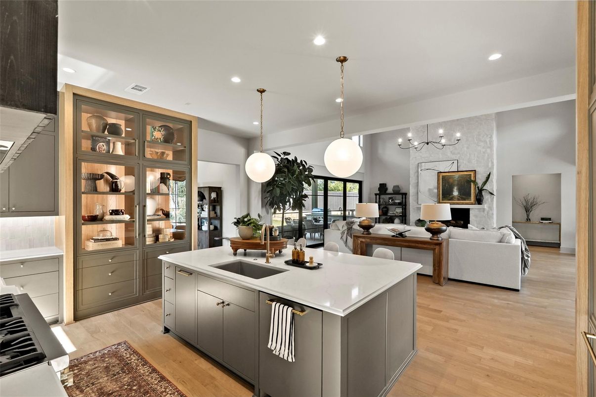 Interior, Kitchen, Living room, Pendant Lights, Recessed Lighting, Wood Texture Flooring