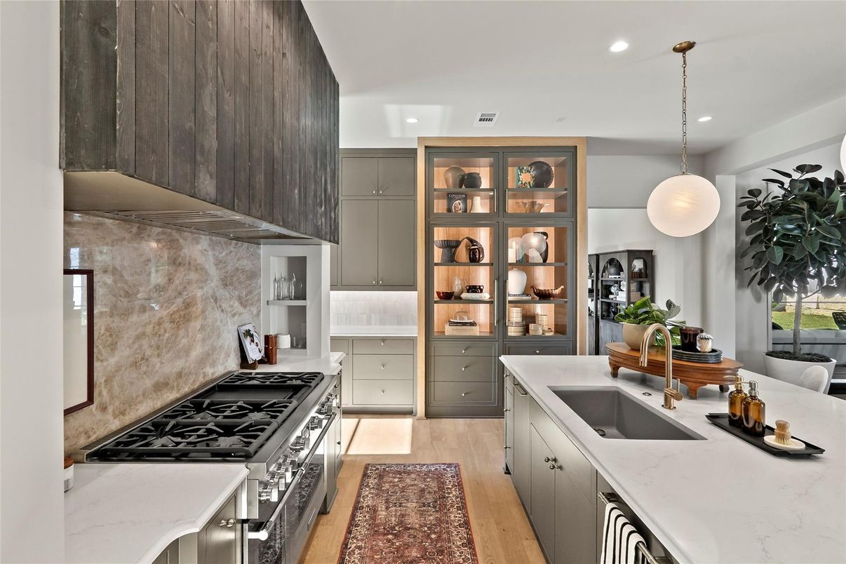 Interior, Kitchen, Pendant Lights, Recessed Lighting, Stainless Steel Appliances, Wood Texture Flooring