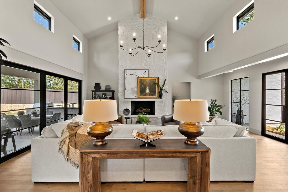 Chandelier, Fireplace, Interior, Living room, Recessed Lighting, Wood Texture Flooring