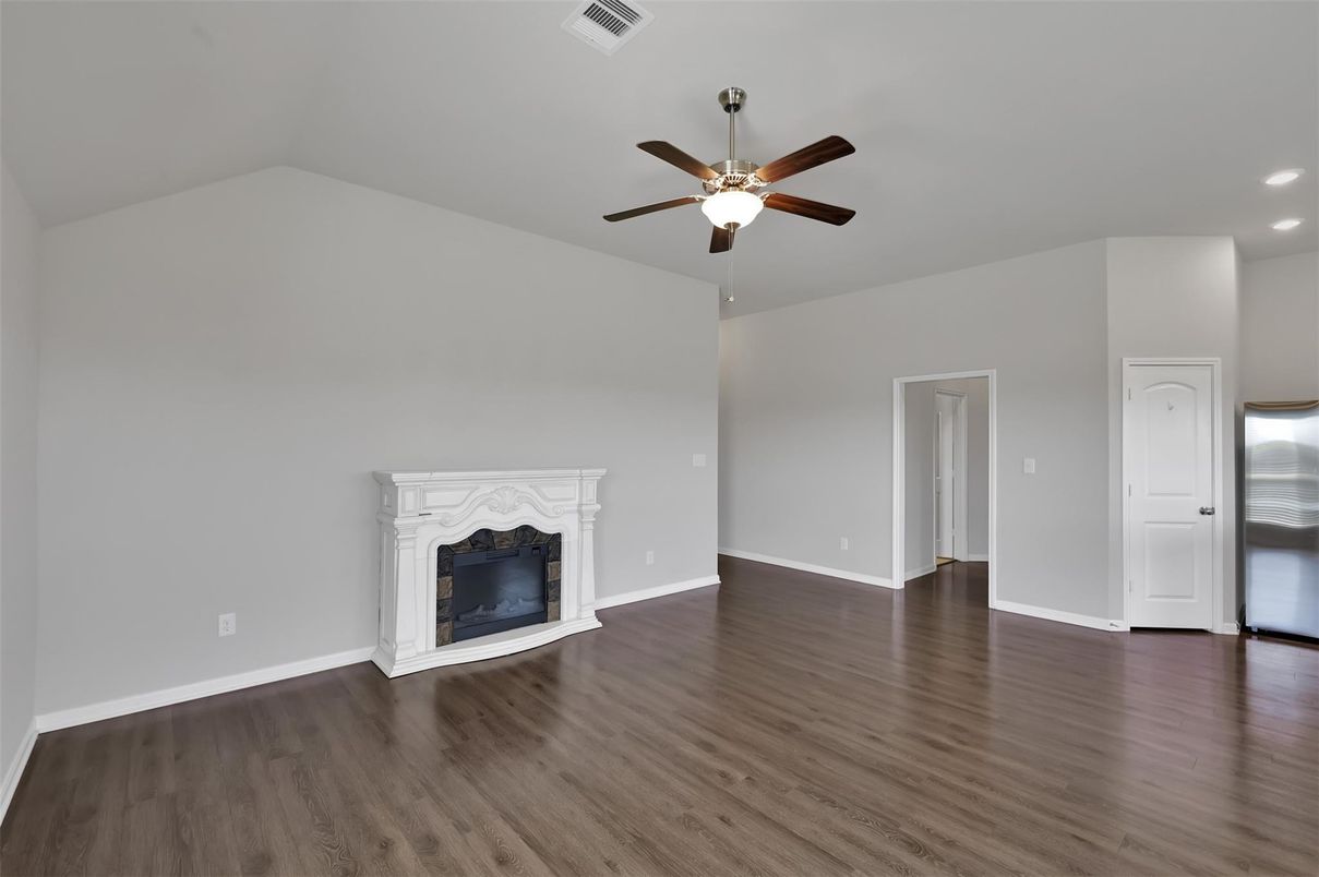 Empty room, Fireplace, Interior, Recessed Lighting, Wood Texture Flooring