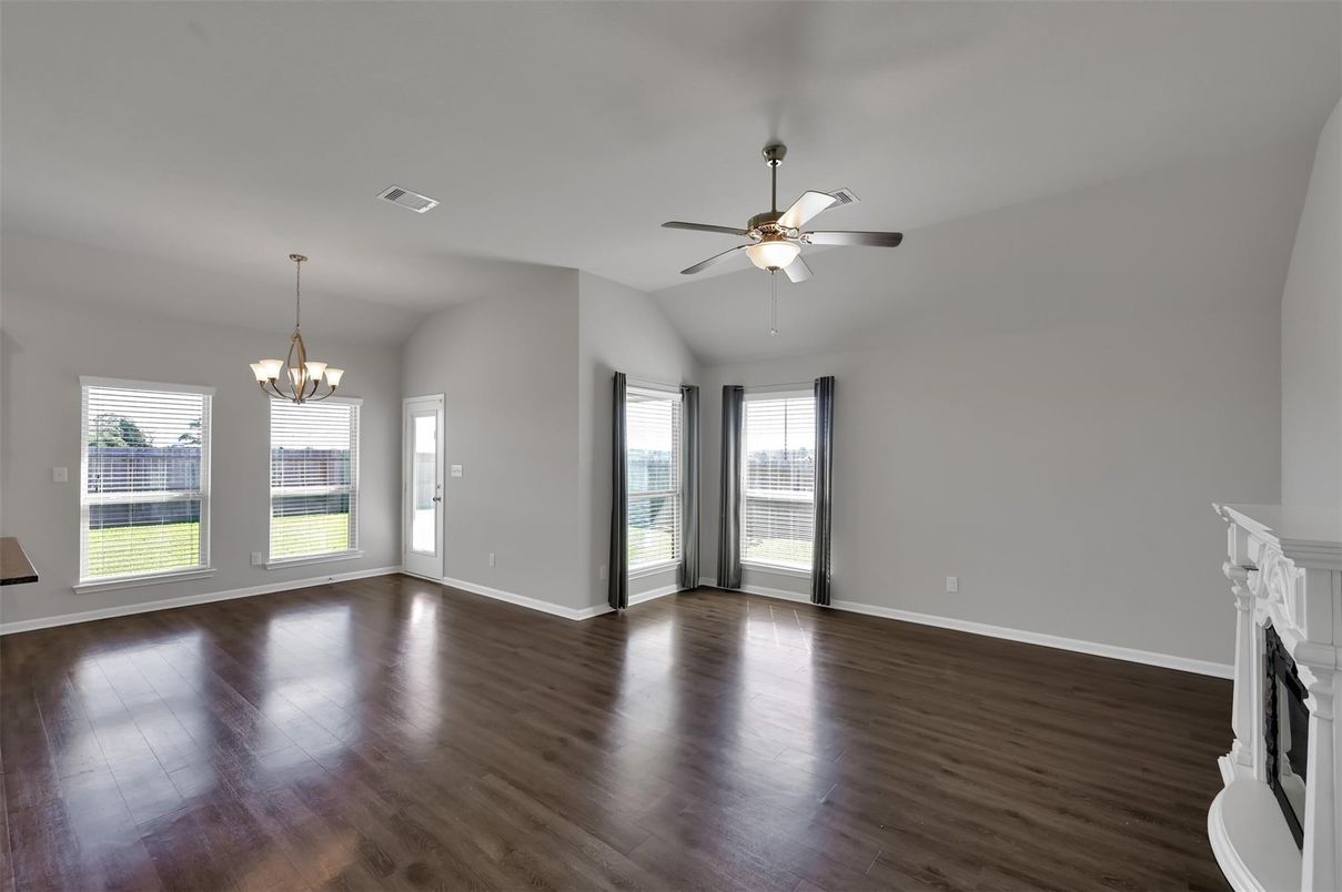 Chandelier, Empty room, Fireplace, Interior, Wood Texture Flooring