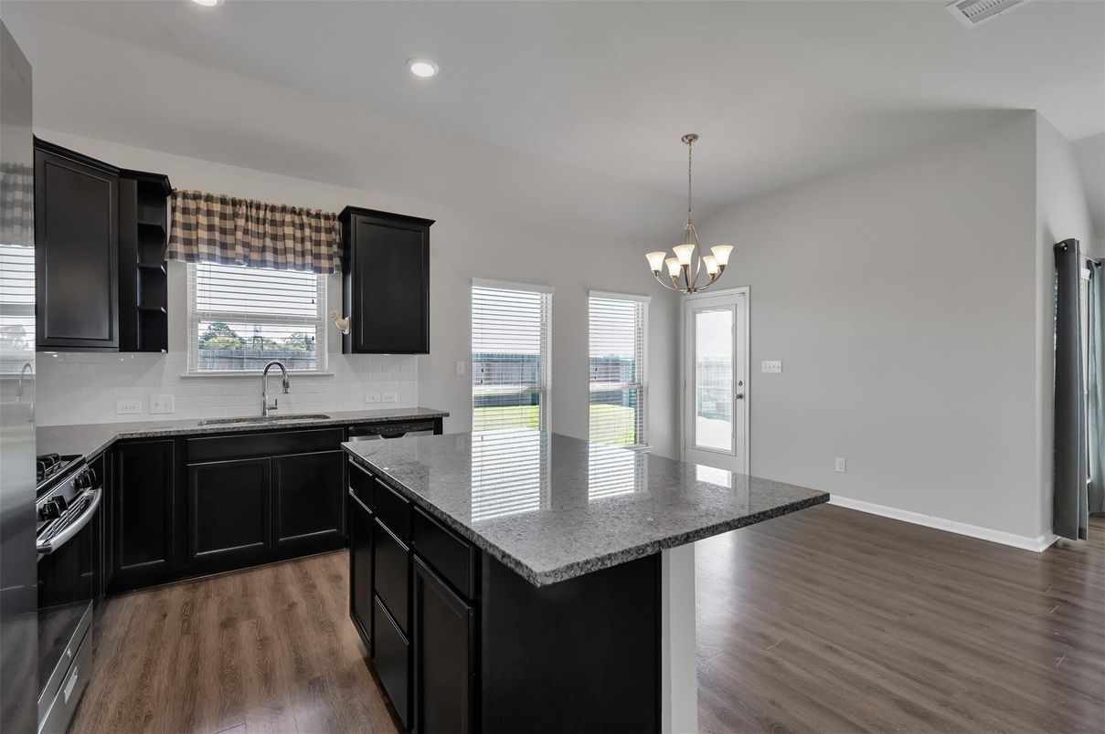Chandelier, Interior, Kitchen, Recessed Lighting, Wood Texture Flooring