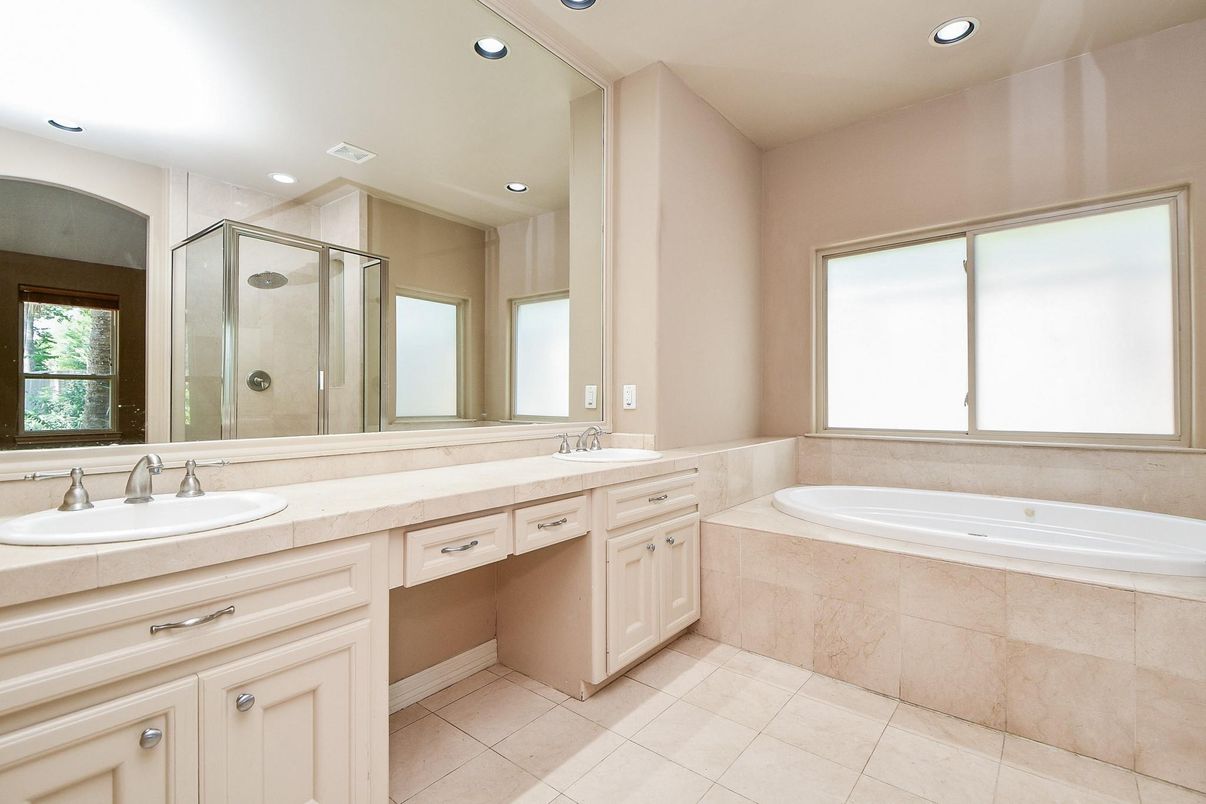 Bathroom, Dual Sink Vanities, Glass Shower, Interior, Recessed Lighting, Tile Countertops