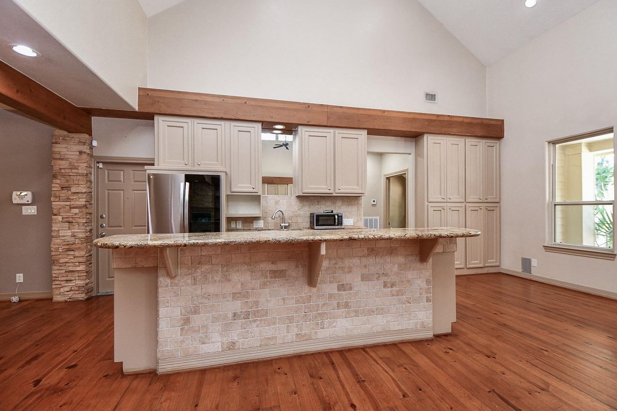 Interior, Kitchen, Recessed Lighting, Stainless Steel Appliances, Stone Walls, Wooden Beams, Wood Texture Flooring