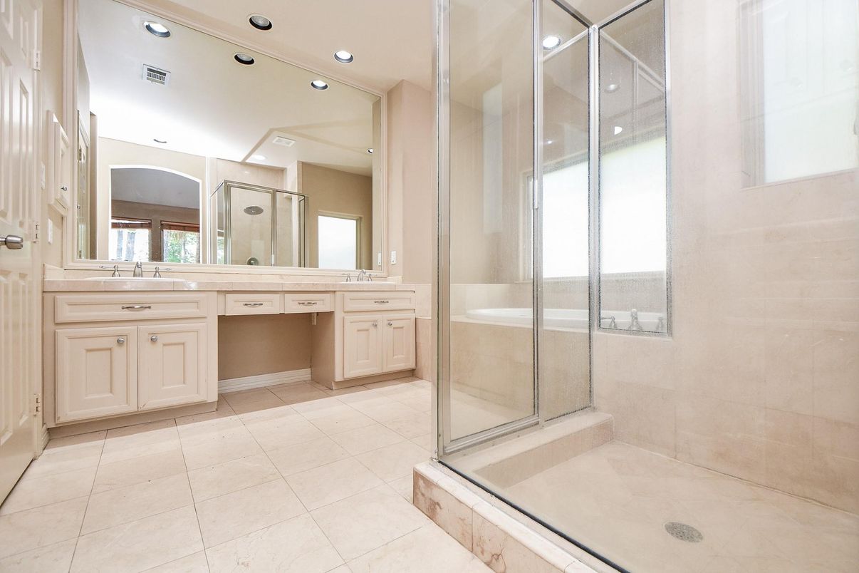 Bathroom, Dual Sink Vanities, Glass Shower, Interior, Recessed Lighting