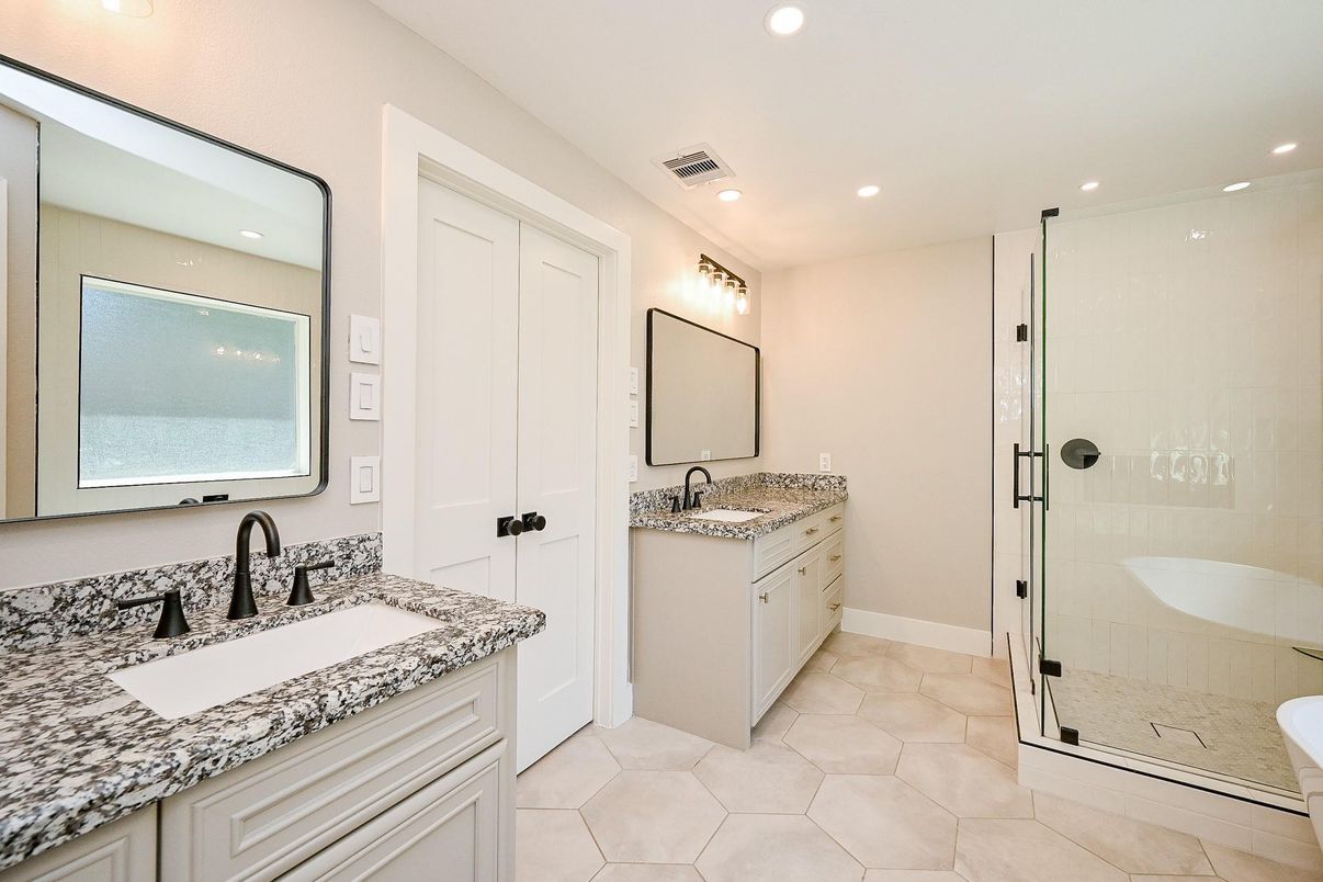 Bathroom, Dual Sink Vanities, Glass Shower, Interior, Recessed Lighting