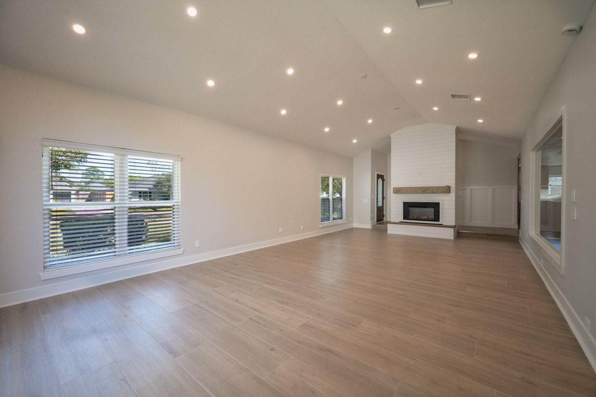 Empty room, Fireplace, Interior, Recessed Lighting, Wood Texture Flooring
