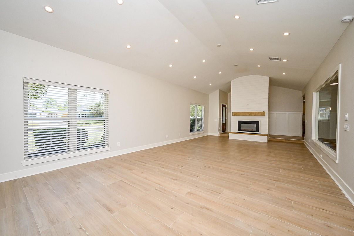 Empty room, Fireplace, Interior, Recessed Lighting, Wood Texture Flooring