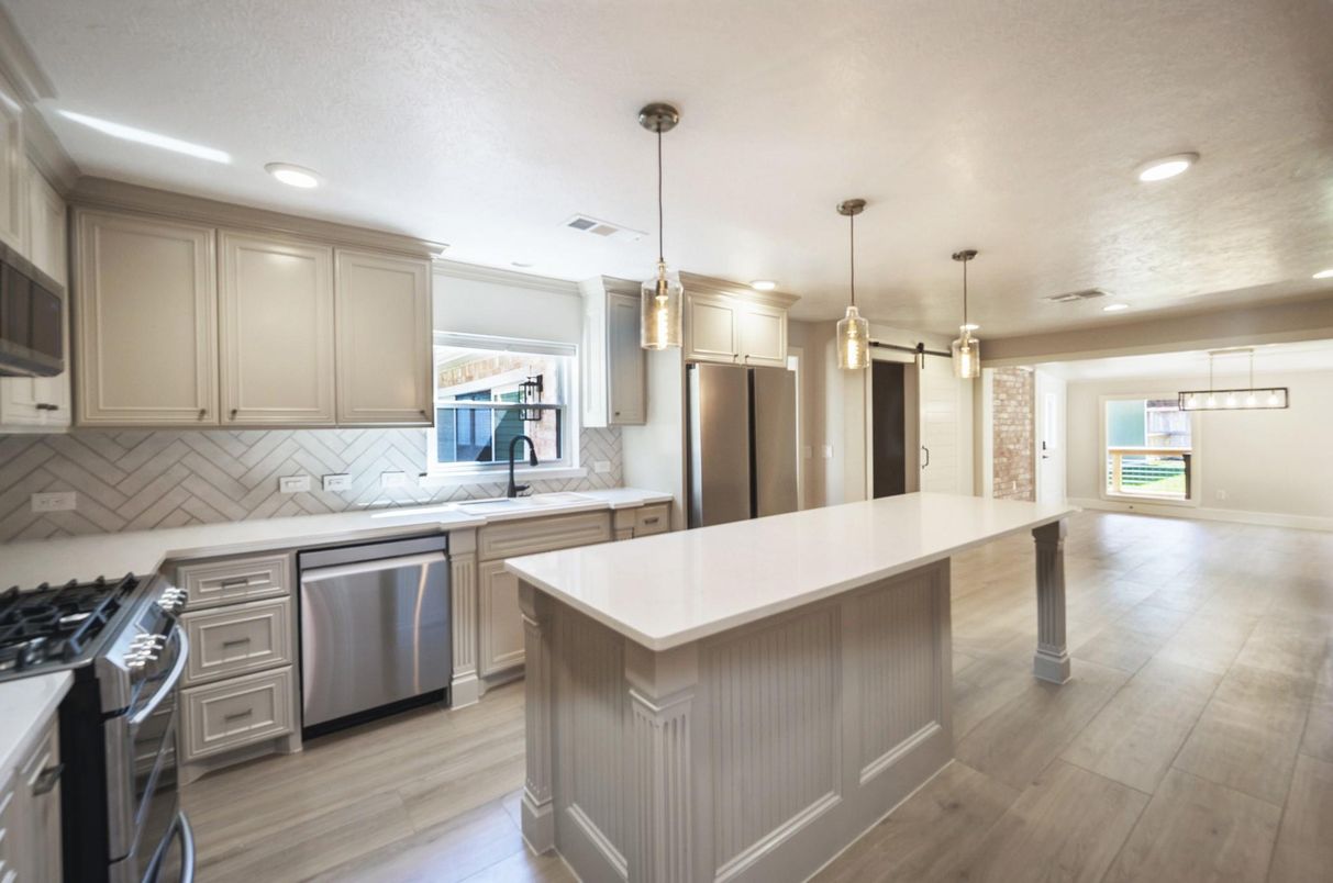 Interior, Kitchen, Pendant Lights, Recessed Lighting, Stainless Steel Appliances, Wood Texture Flooring