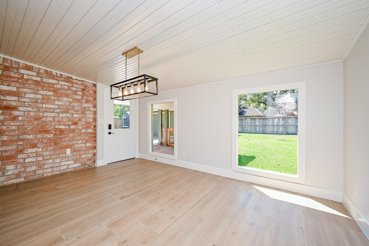 Empty room, Interior, Pendant Lights, Stone Walls, Wood Texture Flooring