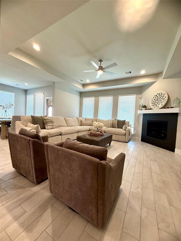 Fireplace, Interior, Living room, Recessed Lighting, Wood Texture Flooring