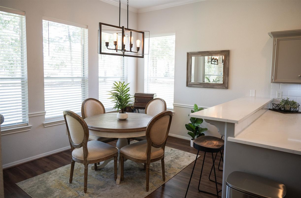 Dining room, Interior, Pendant Lights, Wood Texture Flooring