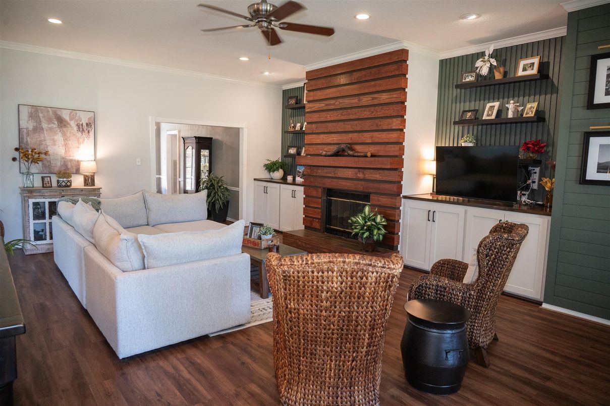 Fireplace, Interior, Living room, Recessed Lighting, Wood Texture Flooring, Wooden Walls
