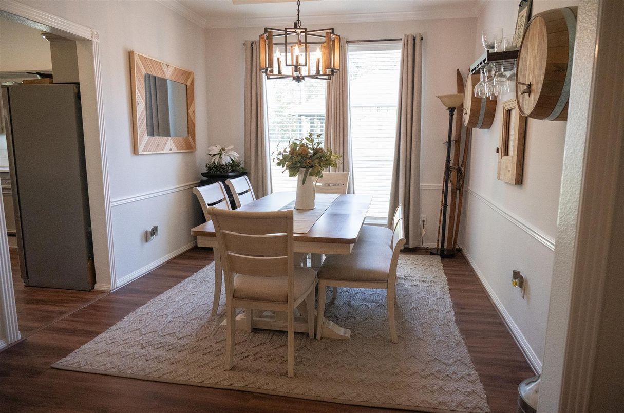 Dining room, Interior, Pendant Lights, Wood Texture Flooring