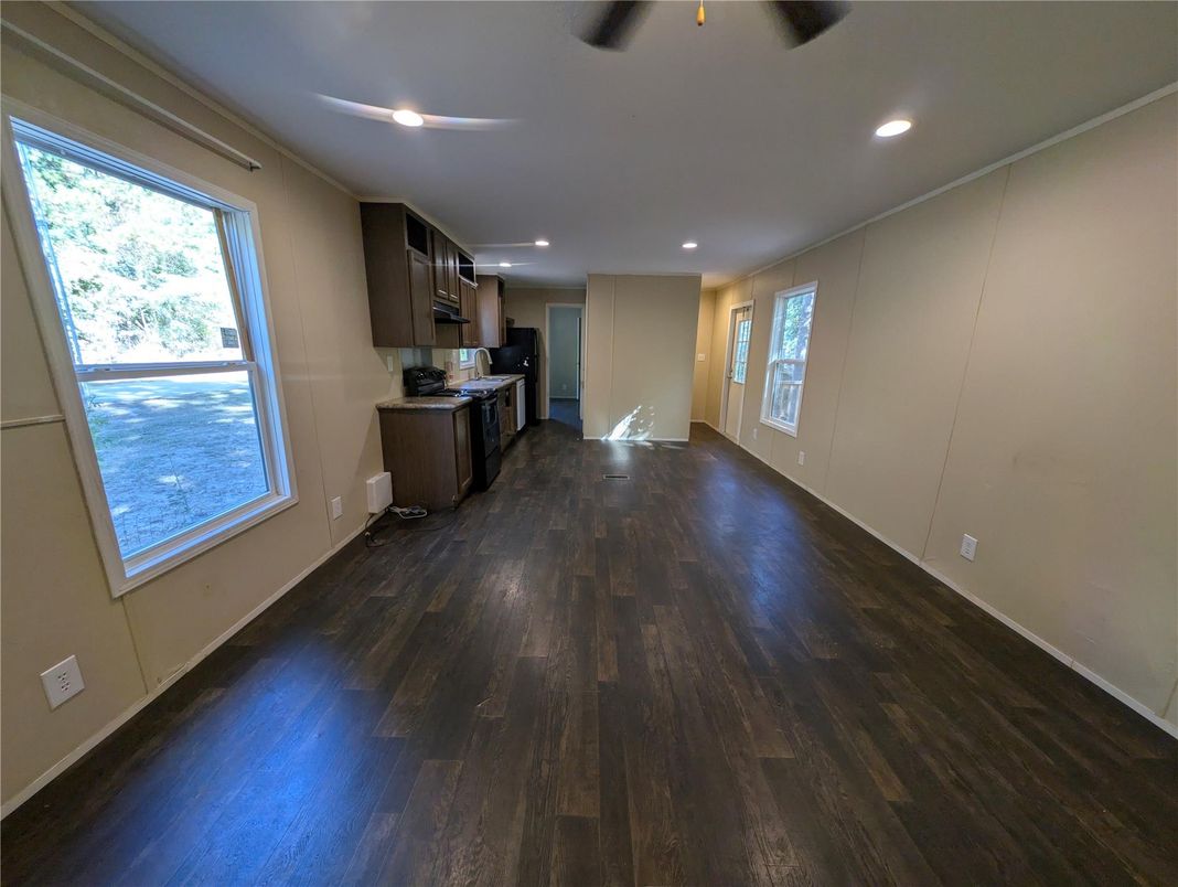 Empty room, Interior, Kitchen, Recessed Lighting, Wood Texture Flooring