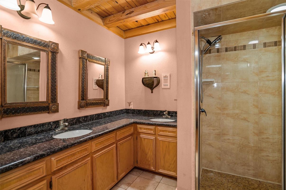 Bathroom, Dual Sink Vanities, Glass Shower, Interior, Wooden Beams, Wooden Ceilings