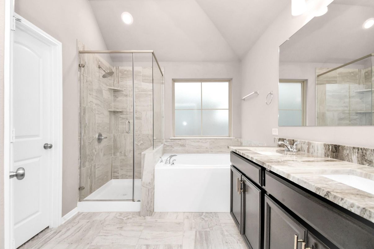 Bathroom, Dual Sink Vanities, Glass Shower, Interior, Marble, Marble Walls, Recessed Lighting