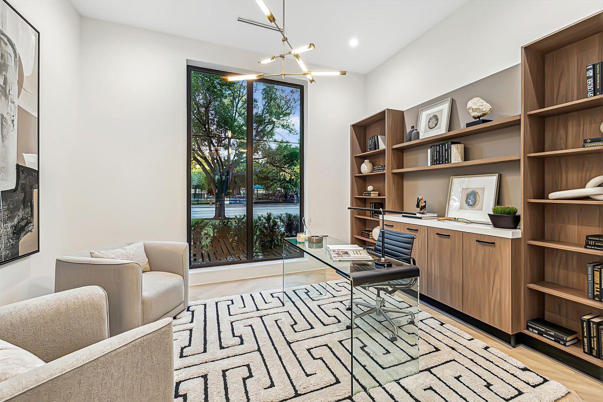 Home Office, Interior, Pendant Lights, Recessed Lighting, Wood Texture Flooring