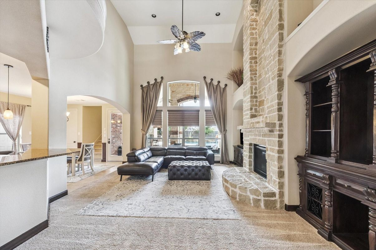 Dining room, Fireplace, Interior, Living room, Pendant Lights, Recessed Lighting, Stone Walls