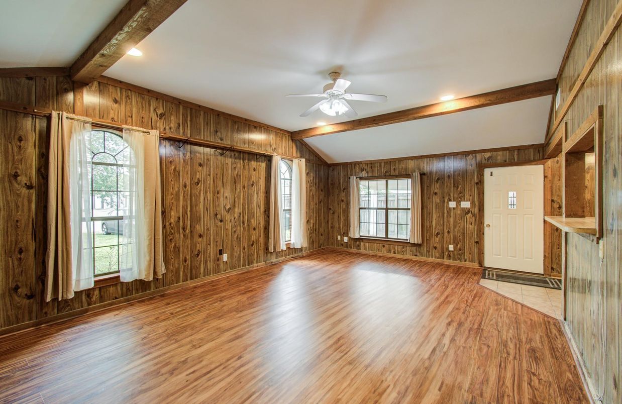 Empty room, Fireplace, Interior, Recessed Lighting, Wooden Beams, Wood Texture Flooring, Wooden Walls