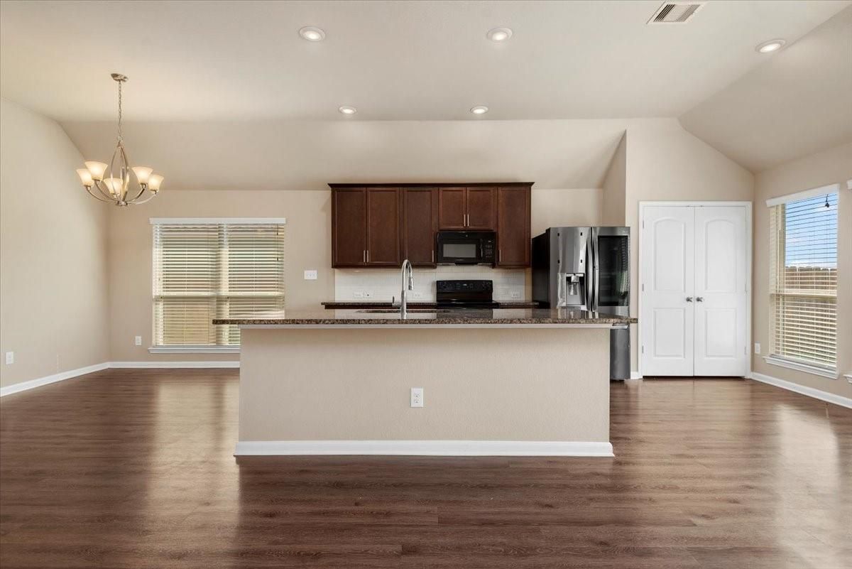 Chandelier, Interior, Kitchen, Pendant Lights, Recessed Lighting, Stainless Steel Appliances, Wood Texture Flooring