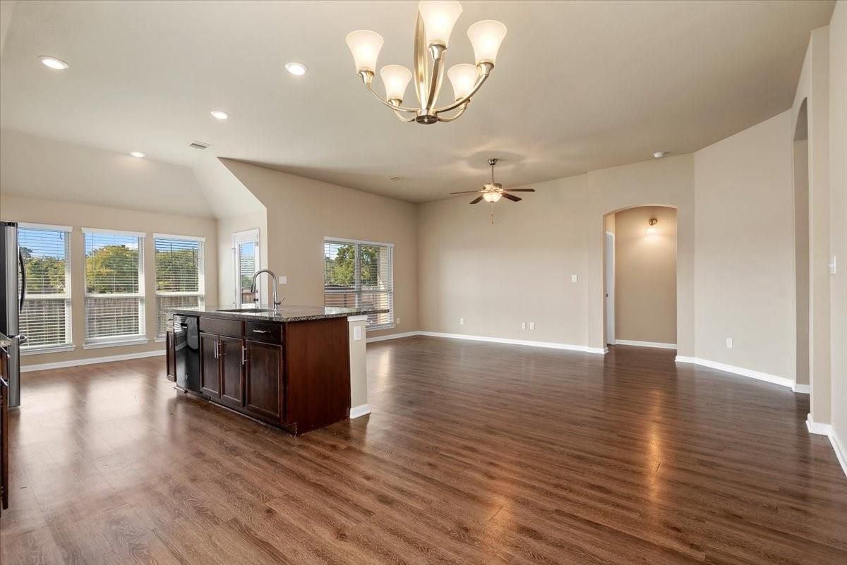 Chandelier, Empty room, Interior, Kitchen, Recessed Lighting, Wood Texture Flooring