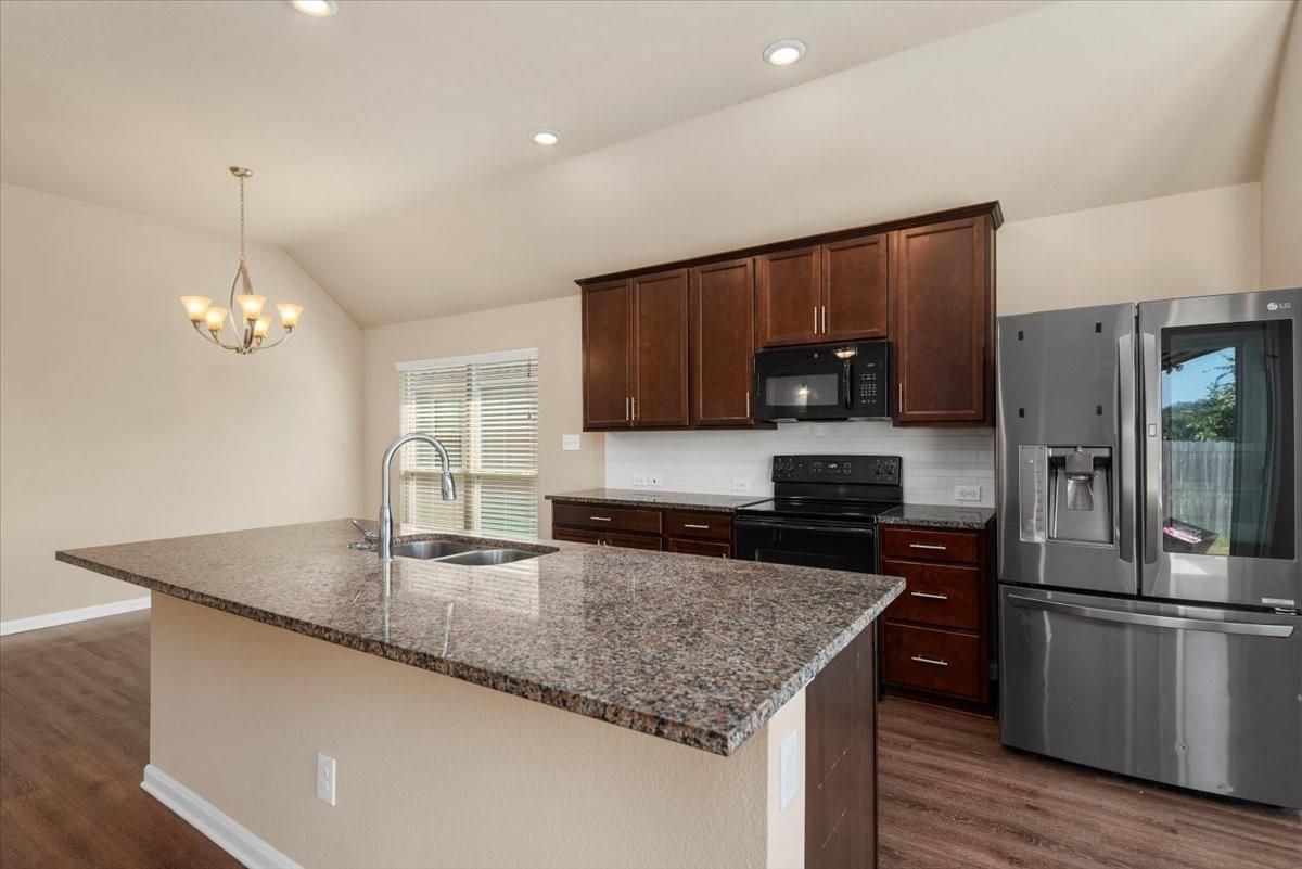 Chandelier, Interior, Kitchen, Pendant Lights, Recessed Lighting, Stainless Steel Appliances, Wood Texture Flooring