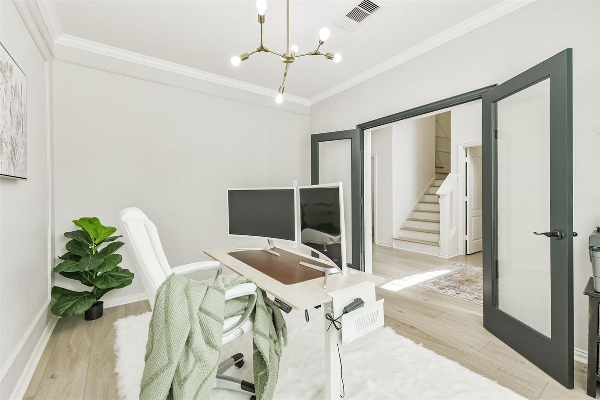 Home Office, Interior, Pendant Lights, Wood Texture Flooring