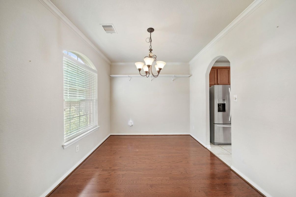 Chandelier, Empty room, Interior, Kitchen, Stainless Steel Appliances, Wood Texture Flooring