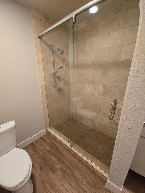 Bathroom, Glass Shower, Interior, Recessed Lighting, Wood Texture Flooring