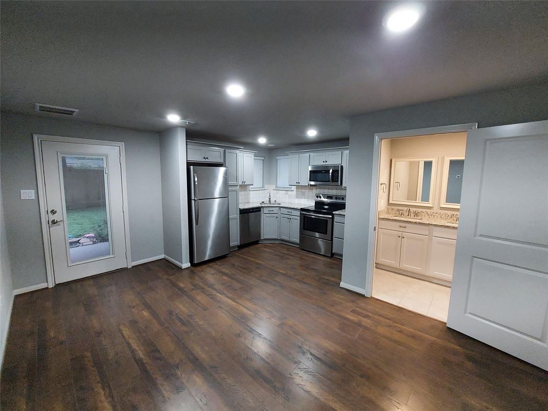 Interior, Kitchen, Recessed Lighting, Stainless Steel Appliances, Wood Texture Flooring