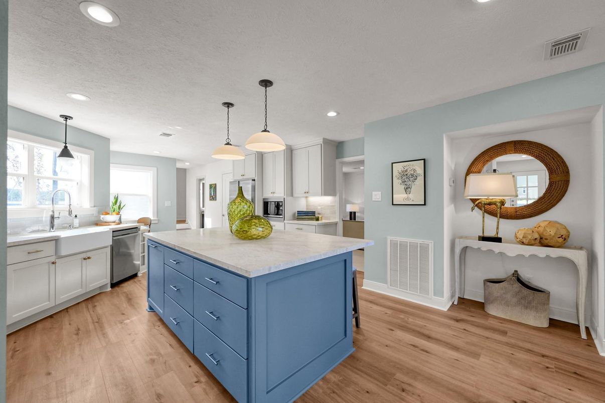 Interior, Kitchen, Pendant Lights, Recessed Lighting, Stainless Steel Appliances, Wood Texture Flooring