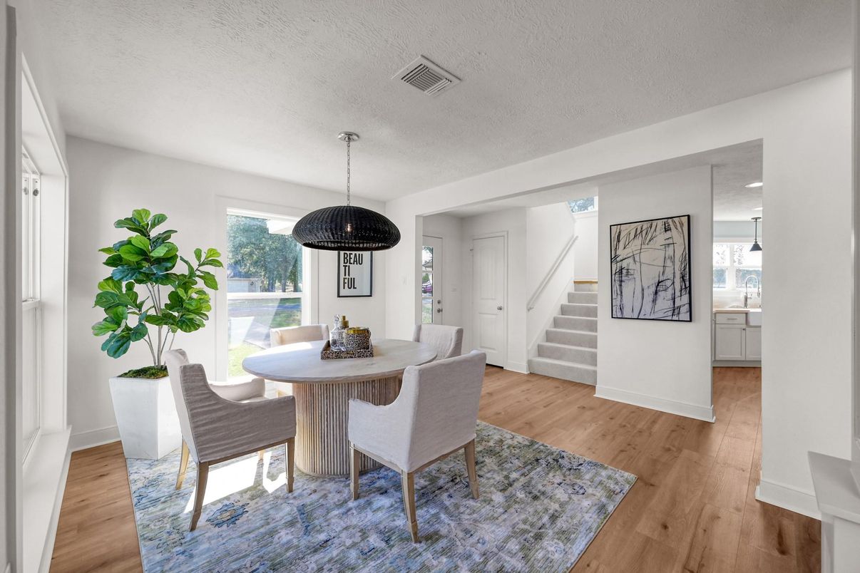 Dining room, Interior, Pendant Lights, Wood Texture Flooring