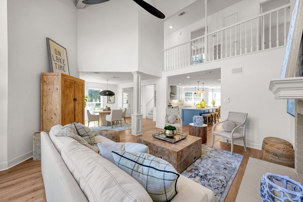 Dining room, Fireplace, Interior, Kitchen, Living room, Pendant Lights, Recessed Lighting, Wood Texture Flooring