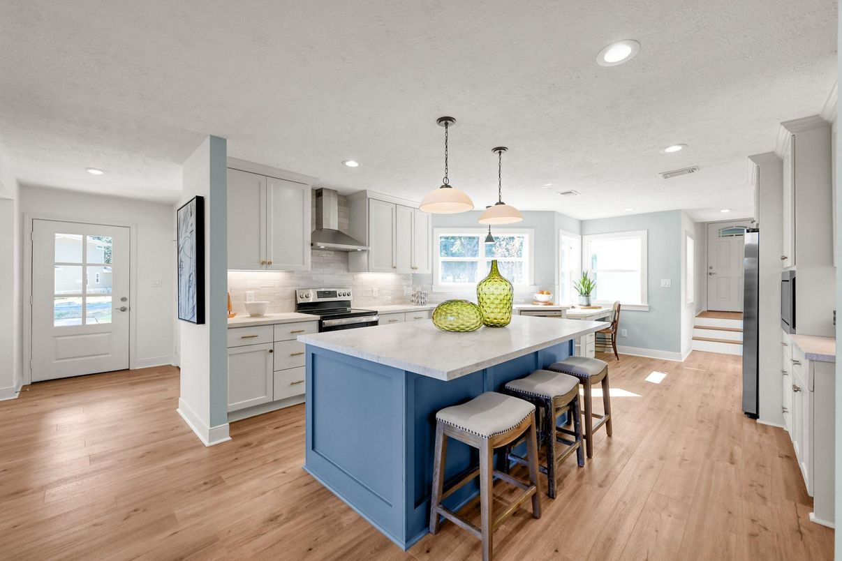 Interior, Kitchen, Pendant Lights, Recessed Lighting, Stainless Steel Appliances, Wood Texture Flooring