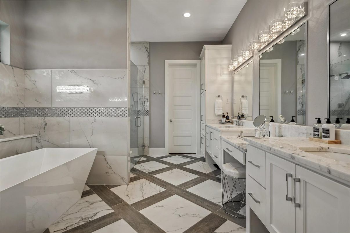 Bathroom, Dual Sink Vanities, Glass Shower, Interior, Marble, Marble Walls, Recessed Lighting