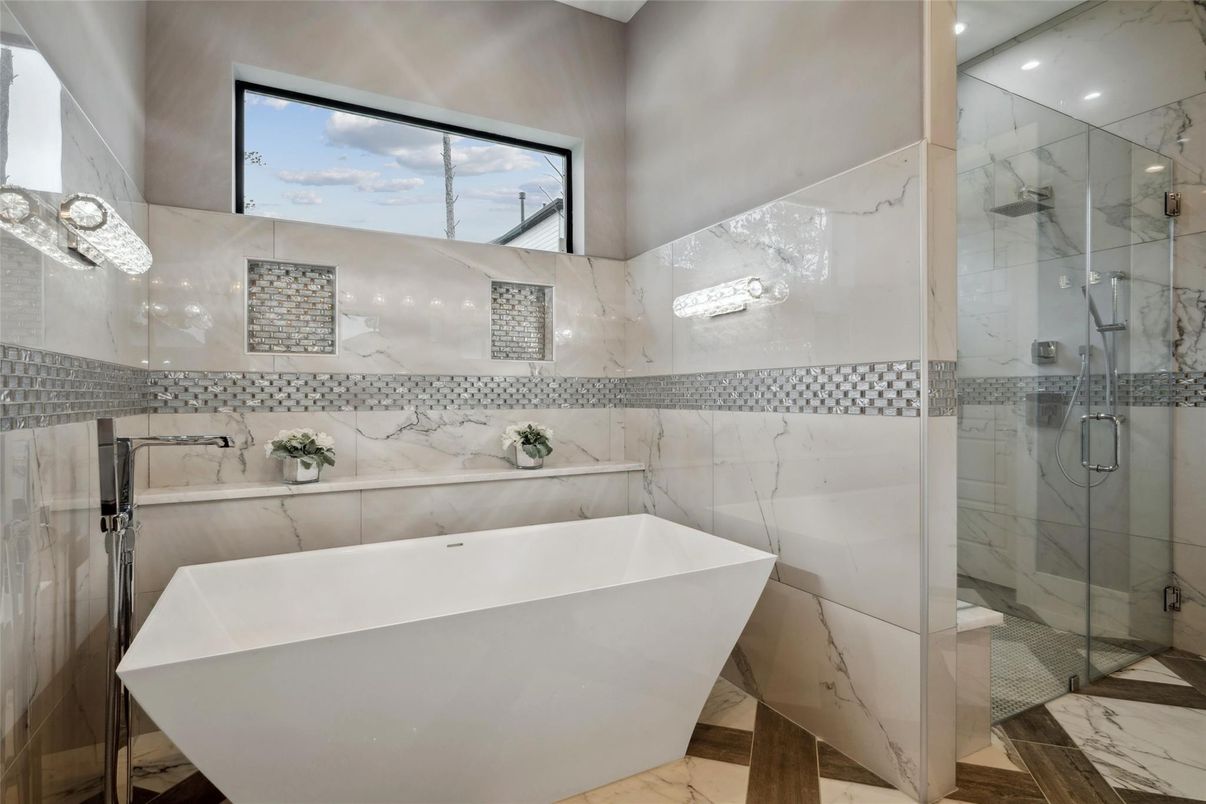 Bathroom, Free Standing Baths, Glass Shower, Interior, Marble Walls