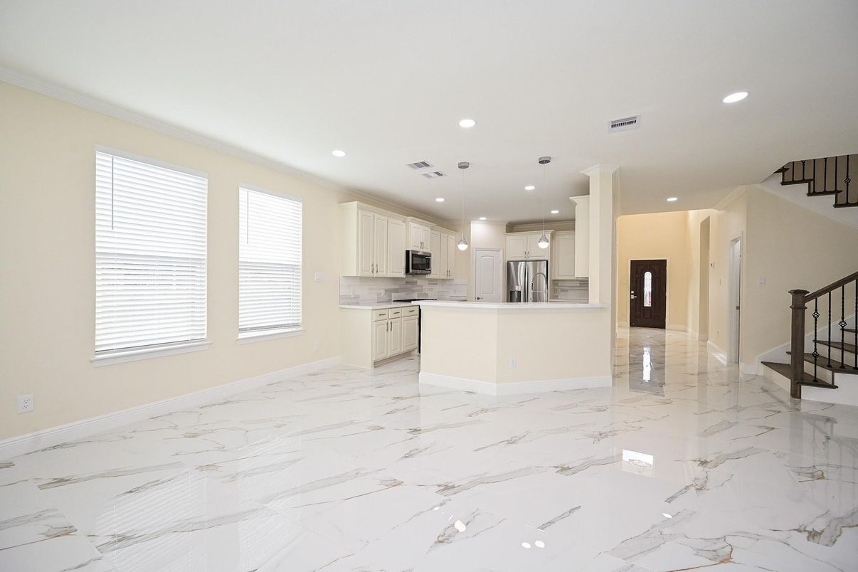 Interior, Kitchen, Marble, Pendant Lights, Recessed Lighting, Stainless Steel Appliances